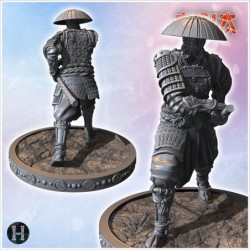 Samurai holding a sword and wearing traditional armor with a wide hat (4)