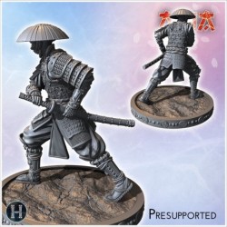 Samurai holding a sword and wearing traditional armor with a wide hat (4)