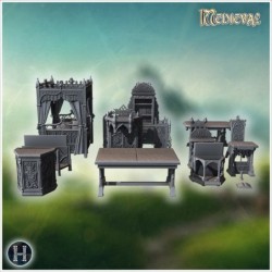 Collection of Gothic furniture with intricate carvings, canopy beds, and detailed chairs (9)