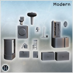 Bathroom set with washing machine, bathtub, sink, toilet, cabinets, and various accessories (15)