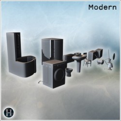 Bathroom set with washing machine, bathtub, sink, toilet, cabinets, and various accessories (15)