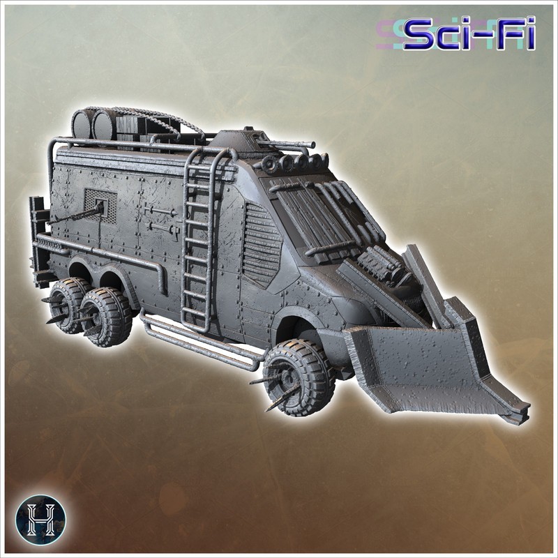 Armored car with exposed engine, side-mounted weapons, and reinforced exterior panels (27)