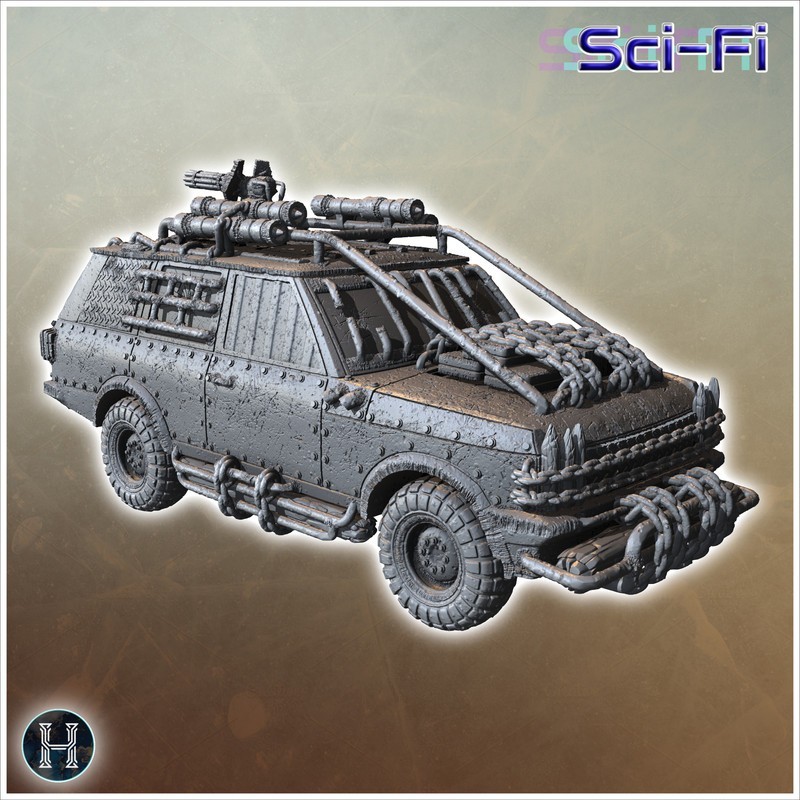 Reinforced vehicle with mounted cannons, spiked wheels, and aggressive front grille design (31)