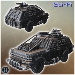 Reinforced vehicle with mounted cannons, spiked wheels, and aggressive front grille design (31)