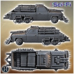 Armored pickup truck with front-mounted spikes, large gun turret, and reinforced tires (32)