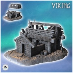 Ruine de bâtiment viking en bois avec toit arrondi et porte détruite (14)