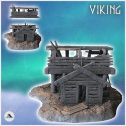 Ruine de bâtiment viking en bois avec toit arrondi et porte détruite (14)