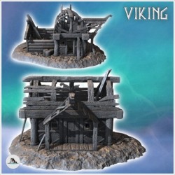 Ruine de bâtiment viking en bois avec toit arrondi et porte détruite (14)