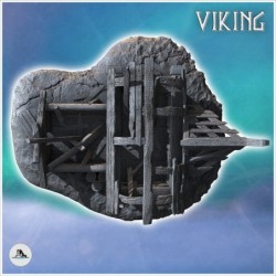 Ruine de bâtiment viking en bois avec toit arrondi et porte détruite (14)