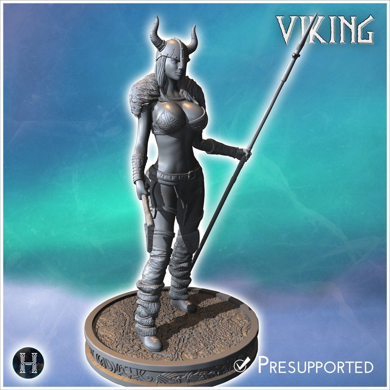 Female Viking warrior standing with a horned helmet, spear, and an axe in her hand (27)