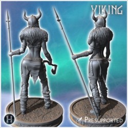 Female Viking warrior standing with a horned helmet, spear, and an axe in her hand (27)