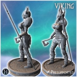 Femme viking guerrière debout avec un casque à cornes, une lance et une hache en main (27)