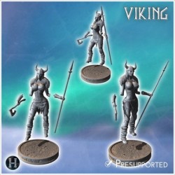 Female Viking warrior standing with a horned helmet, spear, and an axe in her hand (27)