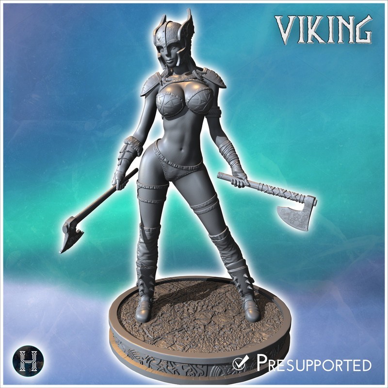 Viking woman wearing a winged helmet and holding two axes, ready for battle (28)