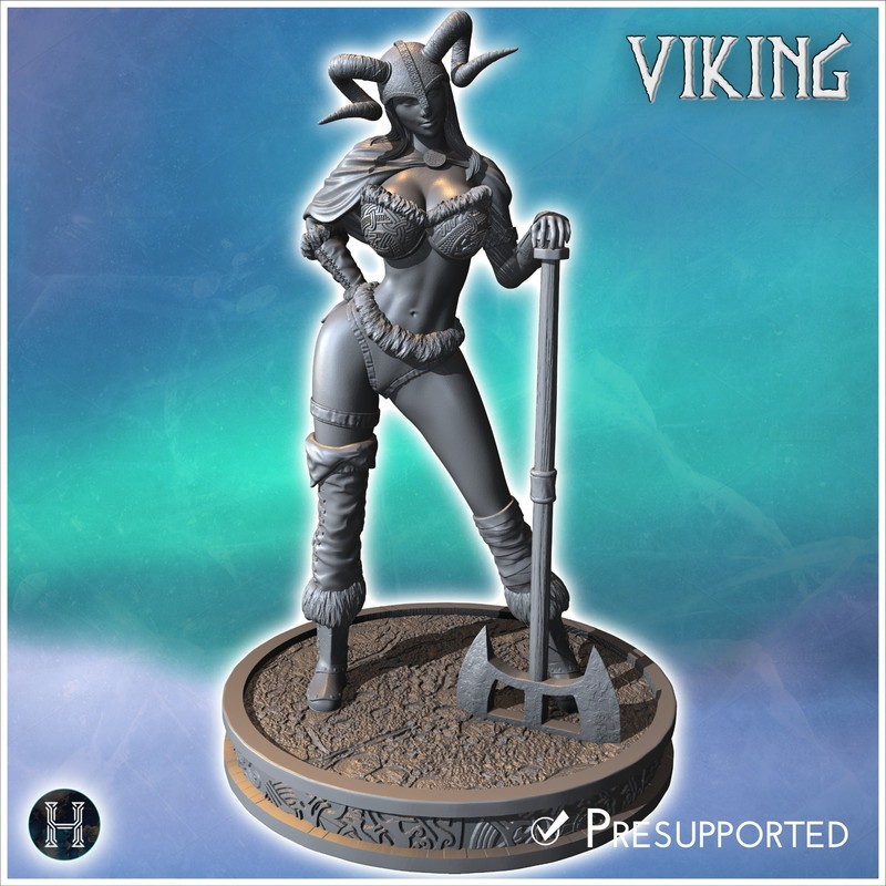 Viking woman holding a large axe, wearing detailed armor and a horned helmet (29)