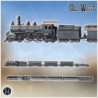 Vintage locomotive with multiple passenger wagons and an open cargo wagon carrying barrels and crates (2)