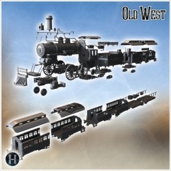 Vintage locomotive with multiple passenger wagons and an open cargo wagon carrying barrels and crates (2)