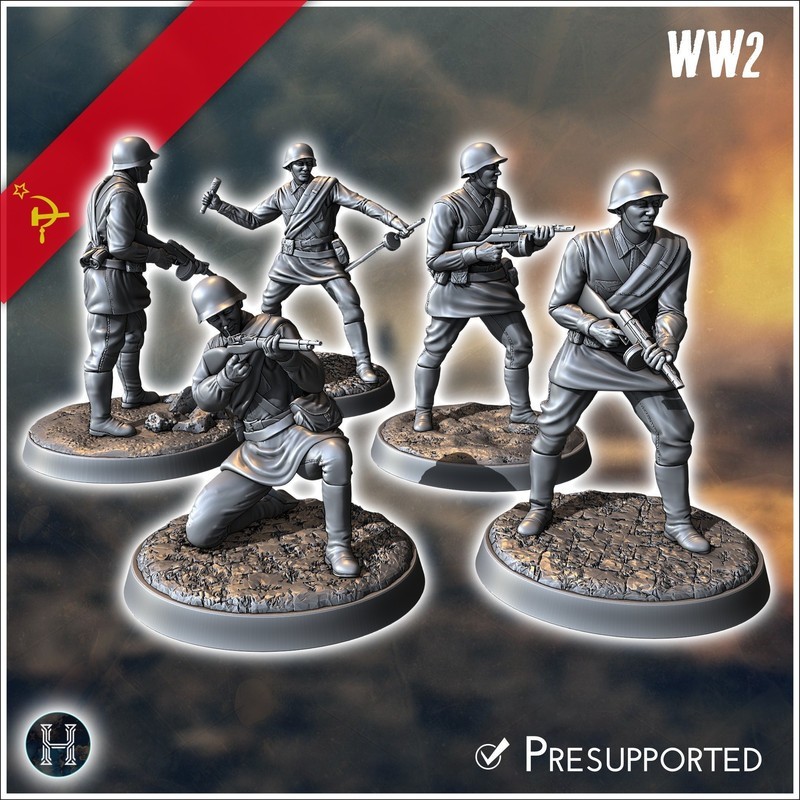 Set of five Soviet Russian Red Army soldiers (WW2 USSR) (with Mosin-Nagant + PPSh-41) (1)