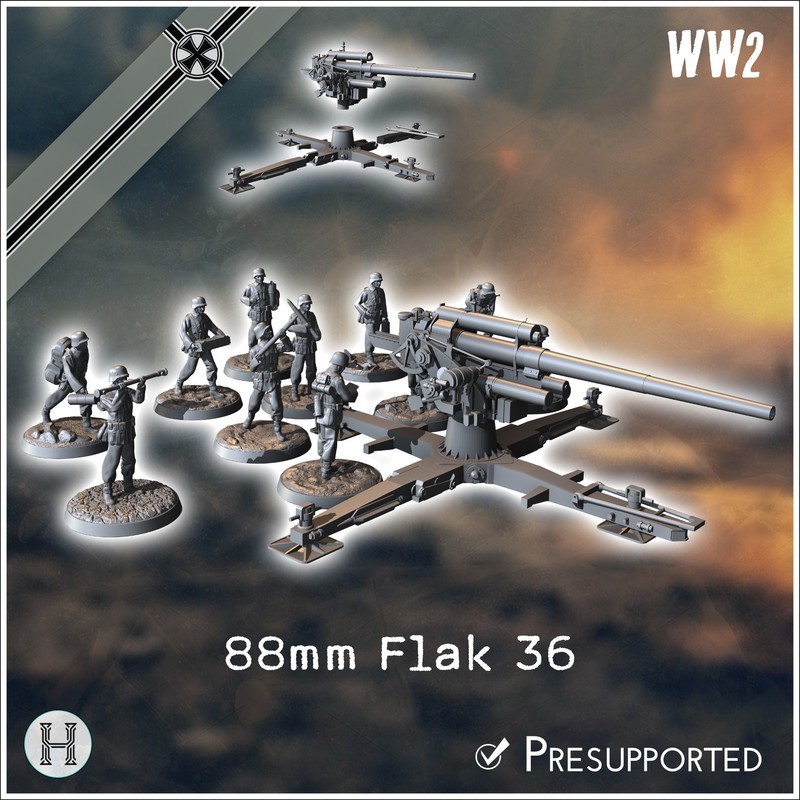 88 mm 8,8 Flak 36 German anti-aircraft and anti-tank gun (with 11 crew figures)