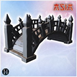 Small wooden bridge with curved design, detailed posts, and decorative railings along the edges (1)