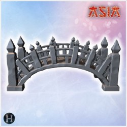 Small wooden bridge with curved design, detailed posts, and decorative railings along the edges (1)