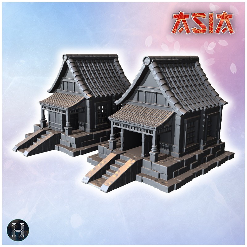 Twin traditional Japanese buildings with stone steps, wooden pillars, and tiled roofs (1)