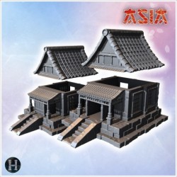 Twin traditional Japanese buildings with stone steps, wooden pillars, and tiled roofs (1)