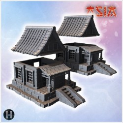 Twin traditional Japanese buildings with stone steps, wooden pillars, and tiled roofs (1)