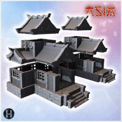 Group of traditional Japanese buildings with wooden walls, tiered roofs, and elevated foundations (4)