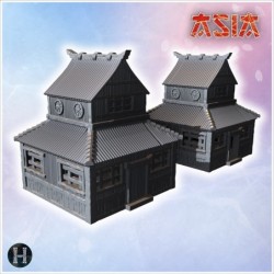 Set of Japanese buildings with stone steps, wooden pillars, and symmetrical roof designs (5)