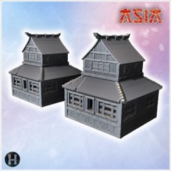 Set of Japanese buildings with stone steps, wooden pillars, and symmetrical roof designs (5)