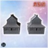 Set of Japanese buildings with stone steps, wooden pillars, and symmetrical roof designs (5)