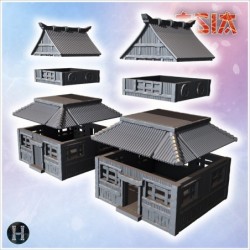 Set of Japanese buildings with stone steps, wooden pillars, and symmetrical roof designs (5)