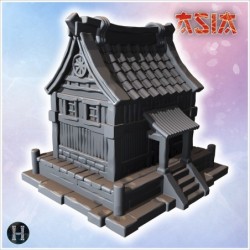 Traditional Japanese structure with wooden porch, stone base, and intricately designed roof (6)