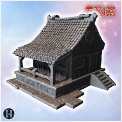 Traditional wooden house with tiled roof, large windows, and a front staircase (9)