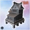 Elevated wooden structure with a multi-tiered roof, decorative elements, and surrounding balcony (10)