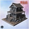 Two-story wooden Japanese house with tiled roof, balcony, and stone steps leading inside (11)