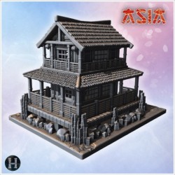 Two-story wooden Japanese house with tiled roof, balcony, and stone steps leading inside (11)