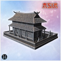 Large Japanese house with symmetrical tiled roof, wooden pillars, and decorative stone accents (14)