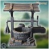 Wooden well with detailed roof, bucket, and surrounding barrels, crate, and firewood (3)