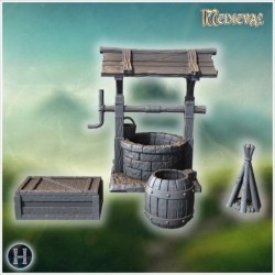 Wooden well with detailed roof, bucket, and surrounding barrels, crate, and firewood (3)