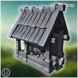 Wooden shelter with reinforced beams, simple plank roof, and rustic design details (1)