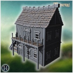 Medieval wooden house with stone foundation, detailed stairs, and fortified balcony (3)