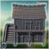 Medieval wooden house with stone foundation, detailed stairs, and fortified balcony (3)