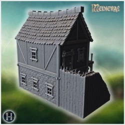 Medieval wooden house with stone foundation, detailed stairs, and fortified balcony (3)