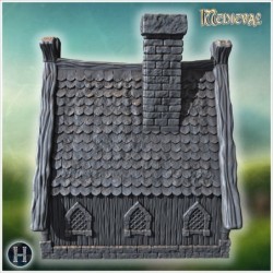 Large wooden house with intricate roof beams, stone chimney, and reinforced doors (6)