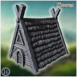 Petite maison en bois avec rondins épais, porte renforcée et toit triangulaire raide (8)