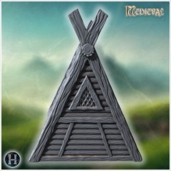 Petite maison en bois avec rondins épais, porte renforcée et toit triangulaire raide (8)