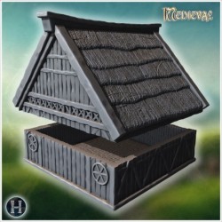 Medieval timber-framed house with thatched roof, chimney, and wooden reinforcements (10)