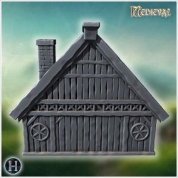 Medieval timber-framed house with thatched roof, chimney, and wooden reinforcements (10)